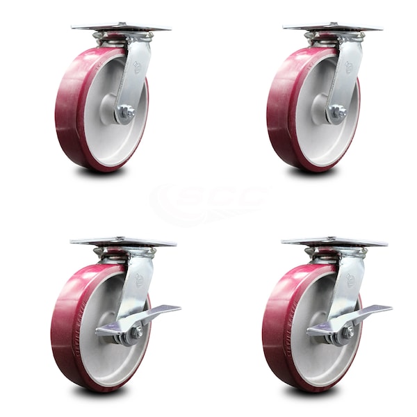 8 Inch Poly on Aluminum Swivel Caster Set with Roller Bearings 2 Brakes SCC